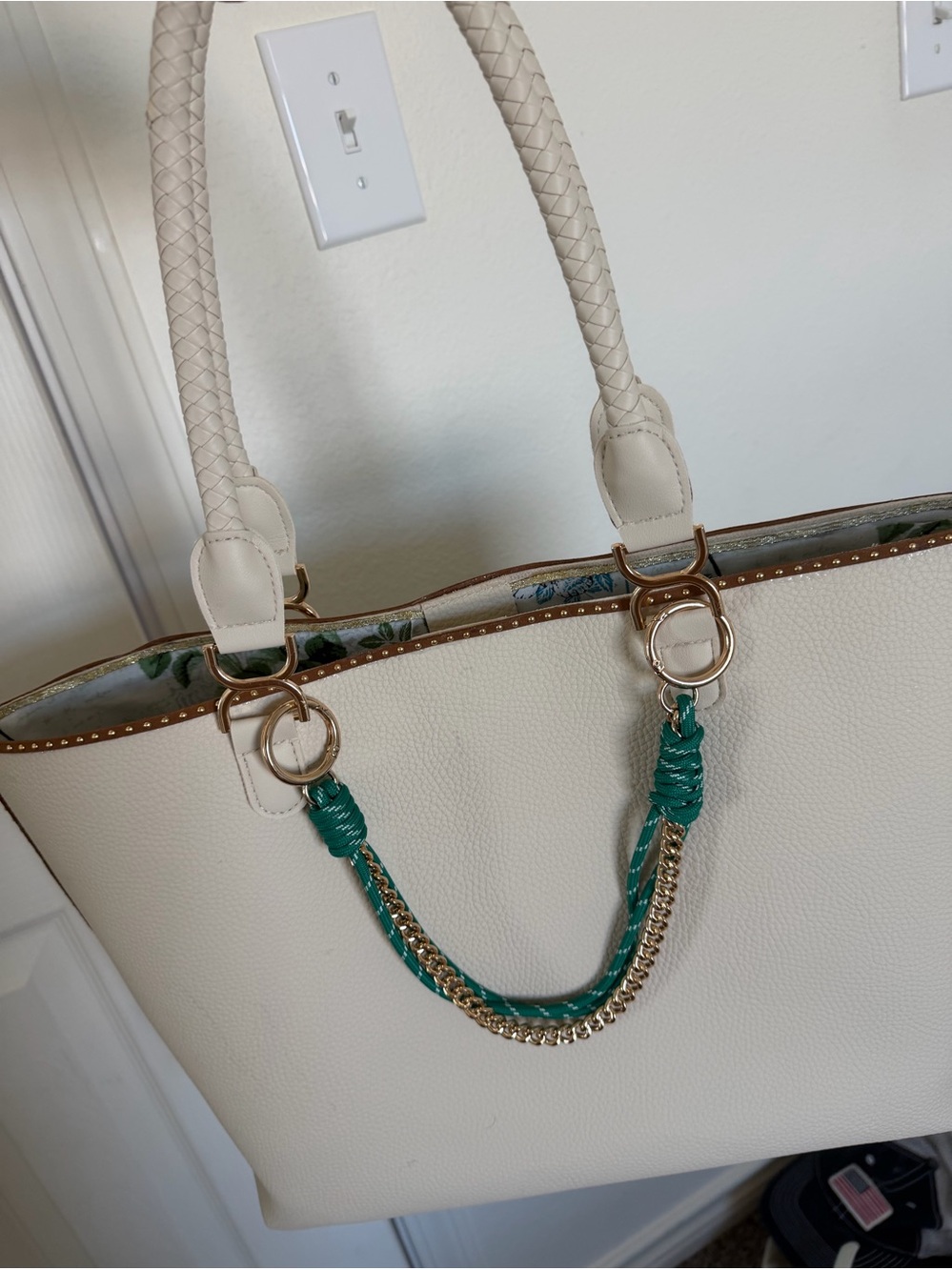 Cream Shoulder Tote with Gold Trim and Teal Charm